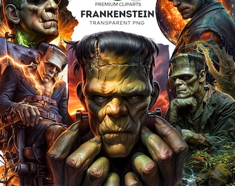 May include: A digital illustration of Frankenstein's monster in various poses. The monster is green with visible stitches and has a menacing expression. The illustrations are set against a variety of backgrounds, including a dark forest, a fiery sky, and a mechanical chair.