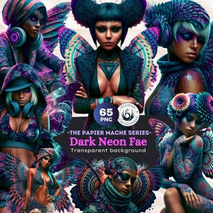 Puede incluir: Arte digital que presenta múltiples figuras con piel oscura, adornadas con maquillaje de neón, alas y diseños intrincados. El texto "Dark Neon Fae" y "Transparent background" son visibles. La imagen incluye un gráfico "65 PNG".