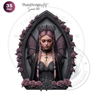 Black & Pink Gothic Fairies PNG, Dark Fairy Art Clipart, Pastel goth Fantasy for Sublimation Craft, Transparent background, Commercial use