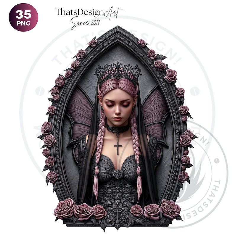Black & Pink Gothic Fairies PNG, Dark Fairy Art Clipart, Pastel goth Fantasy for Sublimation Craft, Transparent background, Commercial use