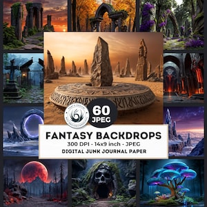 May include: A collection of fantasy-themed digital backdrops. The images feature various landscapes, including ancient ruins, surreal forests, and otherworldly structures. The text on the image reads "FANTASY BACKDROPS" and "60 JPEG". The images are 14x9 inches.