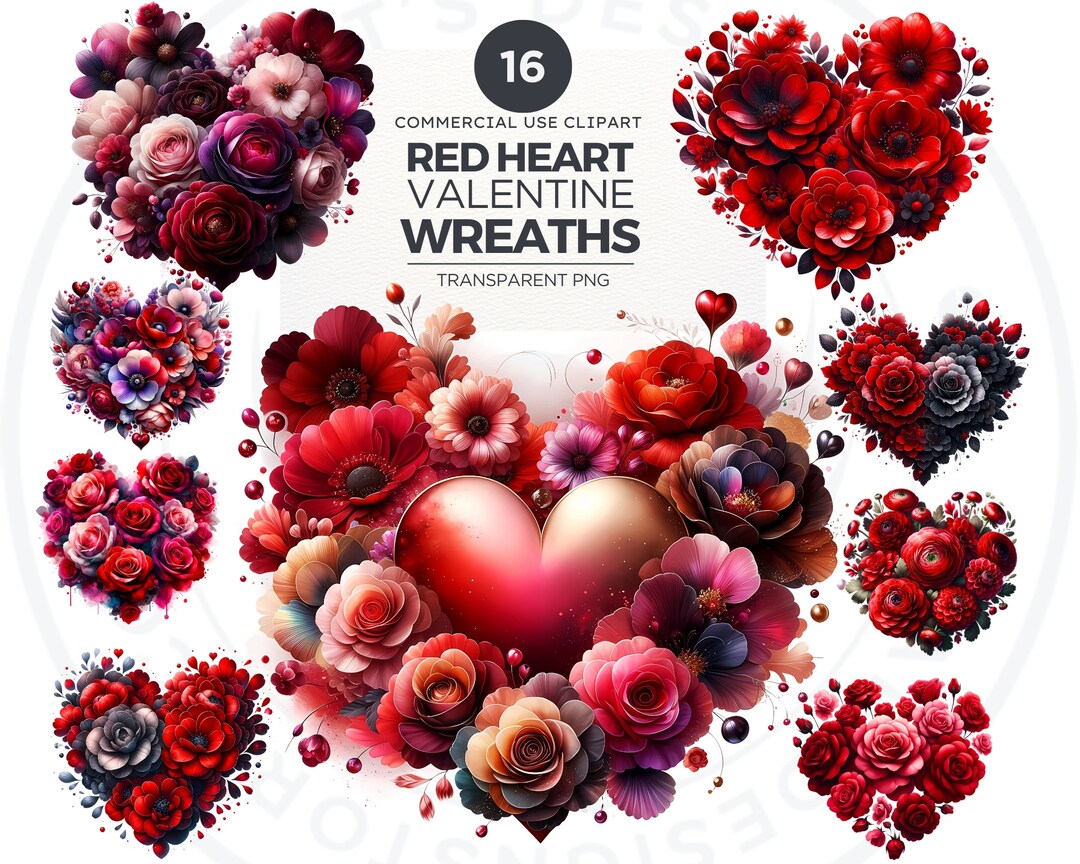 Watercolor Valentine's Heart Floral Wreath Clipart (PNG Digital ...