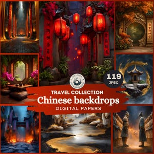 May include: A collection of digital papers with Chinese-themed backdrops. The images depict traditional architecture, lanterns, and landscapes in vivid colours. The text reads "Travel Collection" and "Chinese backdrops". The image also includes the text "119 JPEG".