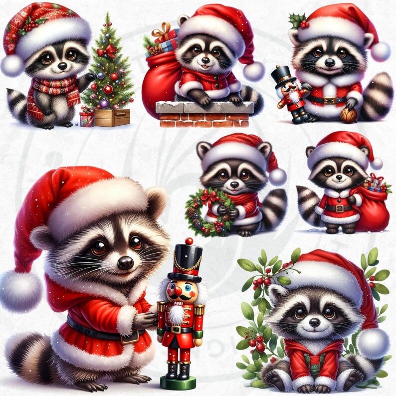 53 Cute Raccoon PNG Clipart Set, Christmas Raccoon clipart, Baby animal with Santa Hat Png, Christmas Clipart, Christmas cards & sublimation