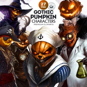 Puede incluir: Un conjunto de 27 imágenes de clip art digitales con personajes de calabaza gótica. Las calabazas están vestidas con varios disfraces, incluyendo un pirata, un marinero, un científico y una bruja. Las imágenes están en formato PNG y son perfectas para proyectos de Halloween.