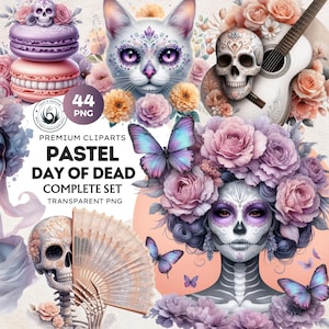 Floral Pastel Day of the dead PNG Clipart Set, Ethereal Día de Muertos,la catrina Sugar Skull, Colorful calavera, crafts and sublimation