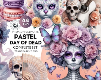May include: A digital art collection featuring pastel-colored Day of the Dead imagery. The image includes a sugar skull, a cat with sugar skull makeup, butterflies, flowers, a guitar, and the text "PASTEL DAY OF DEAD COMPLETE SET".