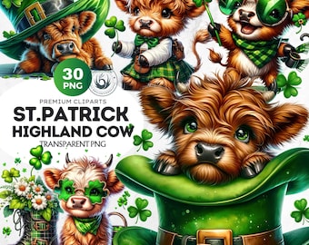 St Patrick Baby Highland cow clipart, St Patricks day PNG, Watercolor Highland Calf for sublimation, Leprechaun hat PNG. Commercial use