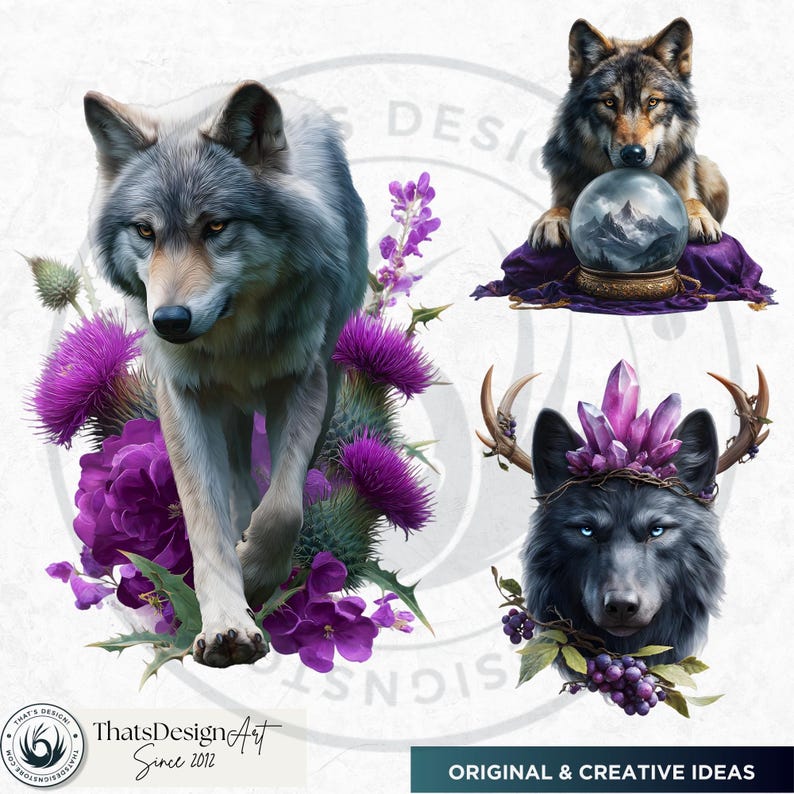 Watercolor Mystic Wolves Clipart PNG Bundle, Fantasy wolf for DIY Card, Junk Journal, Scrapbooking, Commercial use!