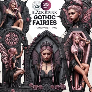 Black & Pink Gothic Fairies PNG, Dark Fairy Art Clipart, Pastel goth Fantasy for Sublimation Craft, Transparent background, Commercial use