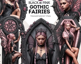 Gothic Fairies Clipart: Black & Pink Fantasy Art, Pastel goth Art, Fairy  (PNG, Commercial Use)