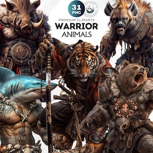 Epic Warrior Animal Clipart Set, animali gladiatori in stile fantasy e tribale. Tigre samurai, orso vichingo, giaguaro azteco, squalo polinesiano