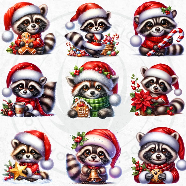 53 Cute Raccoon PNG Clipart Set, Christmas Raccoon clipart, Baby animal with Santa Hat Png, Christmas Clipart, Christmas cards & sublimation