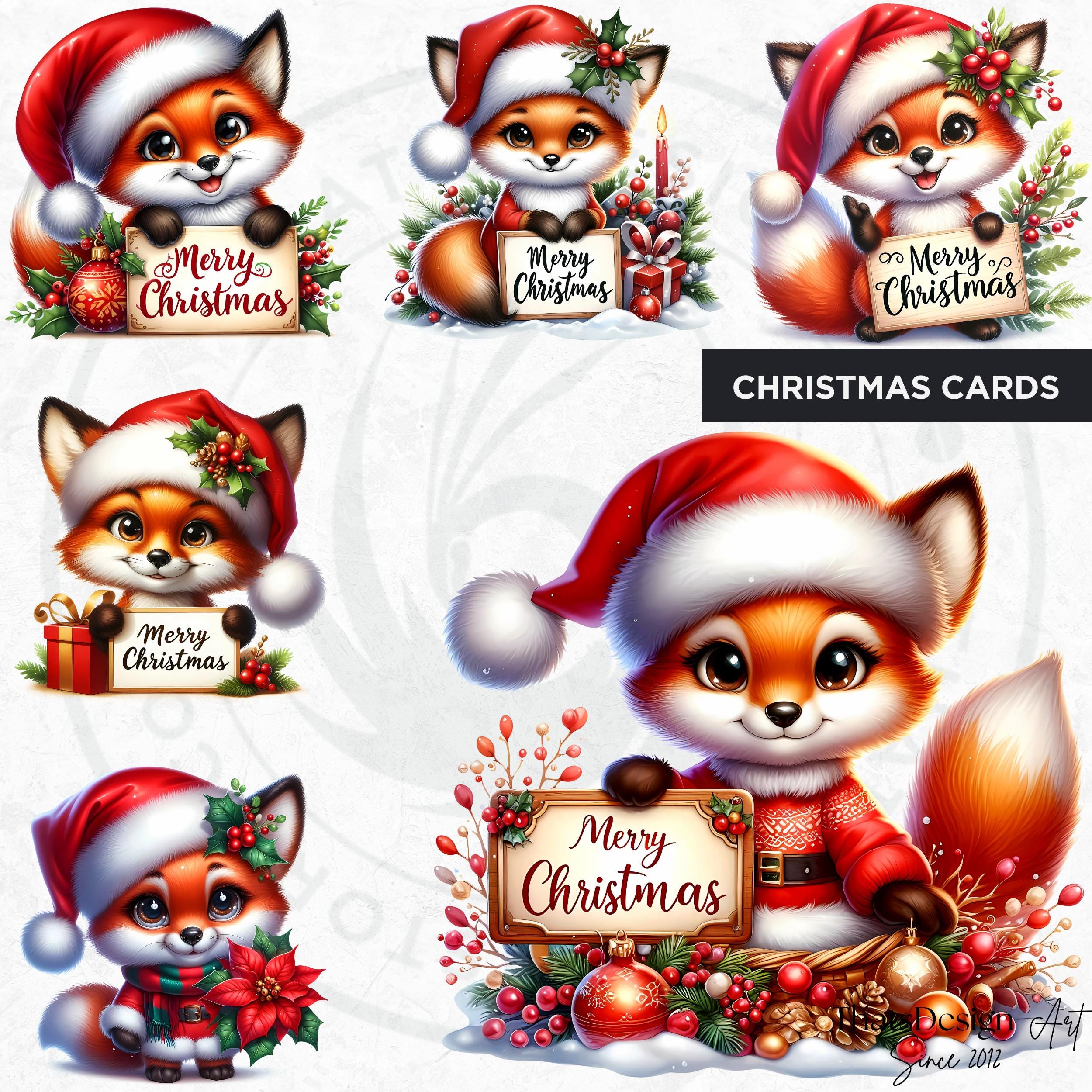 Christmas Foxes Clipart Set: Woodland Animals With Santa Hat (digital ...