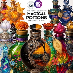 Könnte beinhalten: Eine Sammlung verzierter, farbenfroher Zaubertränke-Flaschen mit verschiedenen Verschlussdesigns, darunter Blumen, Edelsteine und Himmelsmotive. Der Text "MAGICAL POTIONS" und "TRANSPARENT PNG" ist enthalten.