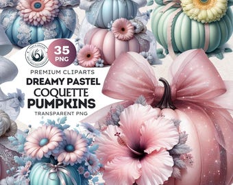 Dreamy Pastel Pumpkin Clipart Set: Floral Coquette (PNG, Commercial use, Digital download)