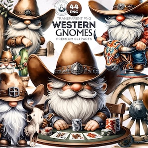 44 Watercolor Cowboy Gnome clipart Set, high quality PNG files, western clipart, cute gnome illustration, printable graphics, country gnomes