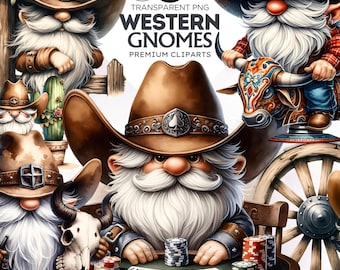 May include: A set of digital clipart featuring cartoon gnomes dressed in western attire. The gnomes are wearing cowboy hats, vests, and jeans. They are holding various props, including a cactus, a bull, a poker table, and a skull. The clipart is perfect for adding a whimsical touch to your digital projects.