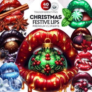 40 Weihnachtslippen Clipart-Set - Festliche Lippen Sublimationsdesigns für den Urlaub. Weihnachts Clipart PNG, Elegante Weihnachten, Mund Clipart