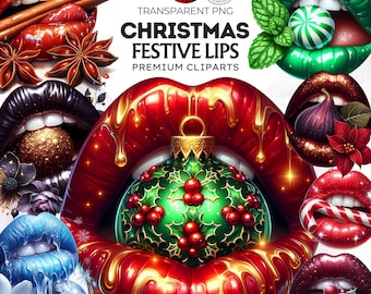 Ensemble de cliparts de Noël lèvres : conceptions festives de vacances (PNG, téléchargement numérique, usage commercial)