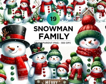 Watercolor Snowman Family PNG Clipart, christmas snowman illustration, Winter Clipart for crafts, Christmas cards and sublimation designs