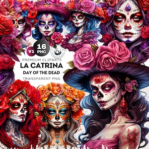 Floral La Catrina Tag der Toten PNG Clipart Diana de Muertos Chicano Art, Zuckerschädel la Calavera, mexikanisches Halloween-Bundle. Kommerzielle Nutzung