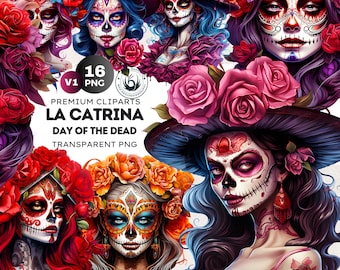 Floral La Catrina Day of the dead PNG Clipart Día de Muertos Chicano Art, Sugar Skull la calavera, Mexican Halloween bundle. Commercial use