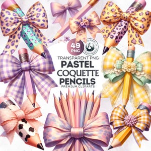 Pastel Coquette Pencil with bow PNG Set: Back to school Supplies Girly Teacher Clipart, Classroom Decor, digital planner & Student scrapbook