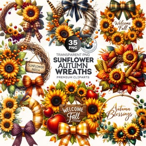 Könnte beinhalten: Eine Sammlung von Sonnenblumen- und Herbstkränzen mit Schleifen, Äpfeln und Kürbissen. Die Kränze sind mit Sonnenblumen, Blättern und Beeren geschmückt. Das Bild enthält den Text "Sunflower Autumn Wreaths" und "Welcome Fall".