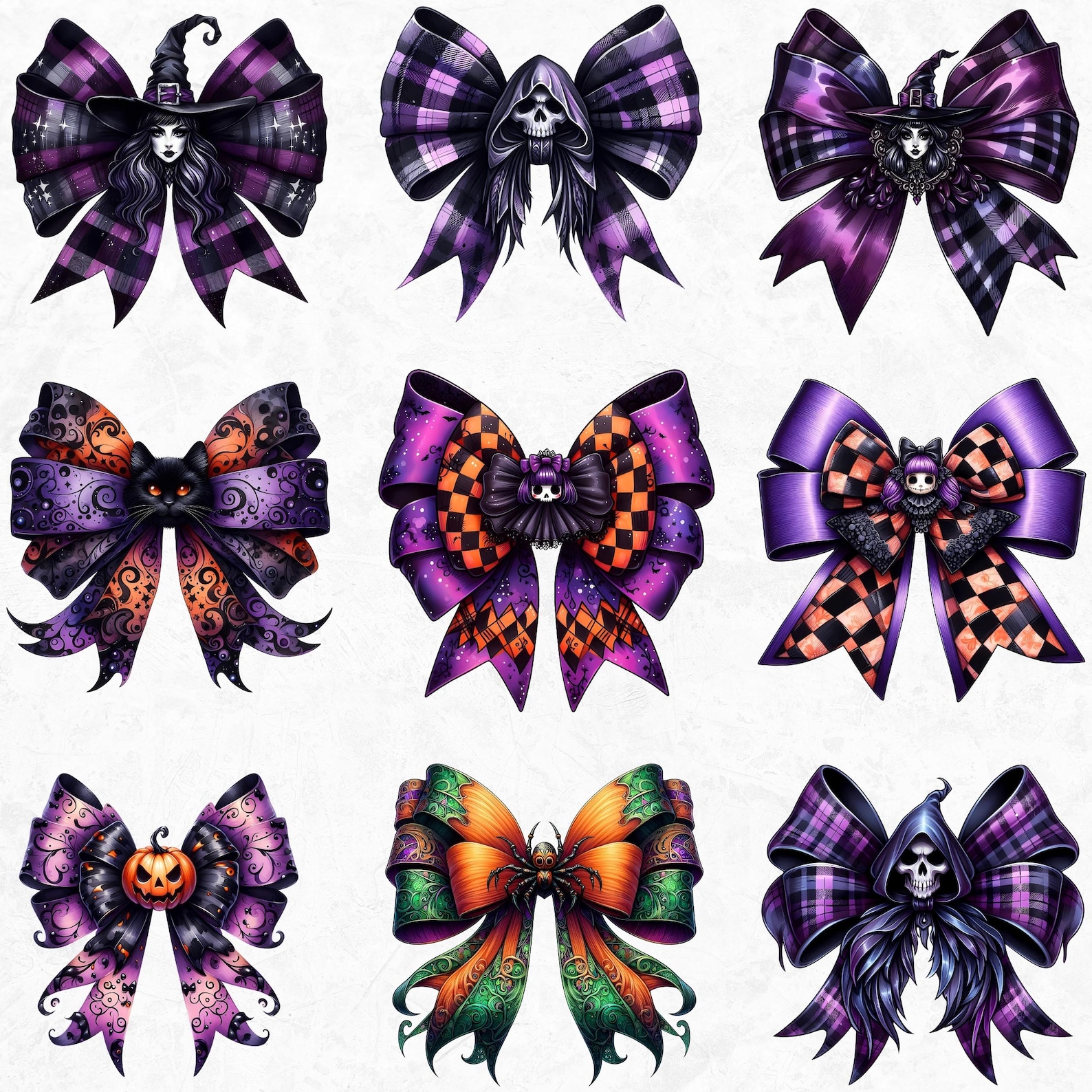 Gothic Halloween Bow Clipart Set: Spooky Characters (PNG Digital ...