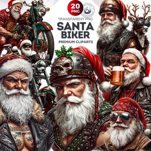 Set di clipart di Babbo Natale motociclista, clipart di Babbo Natale in sella, PNG natalizi, clipart natalizie. Sublimazione di Babbo Natale. Artigianato, creazione di biglietti. Uso commerciale.