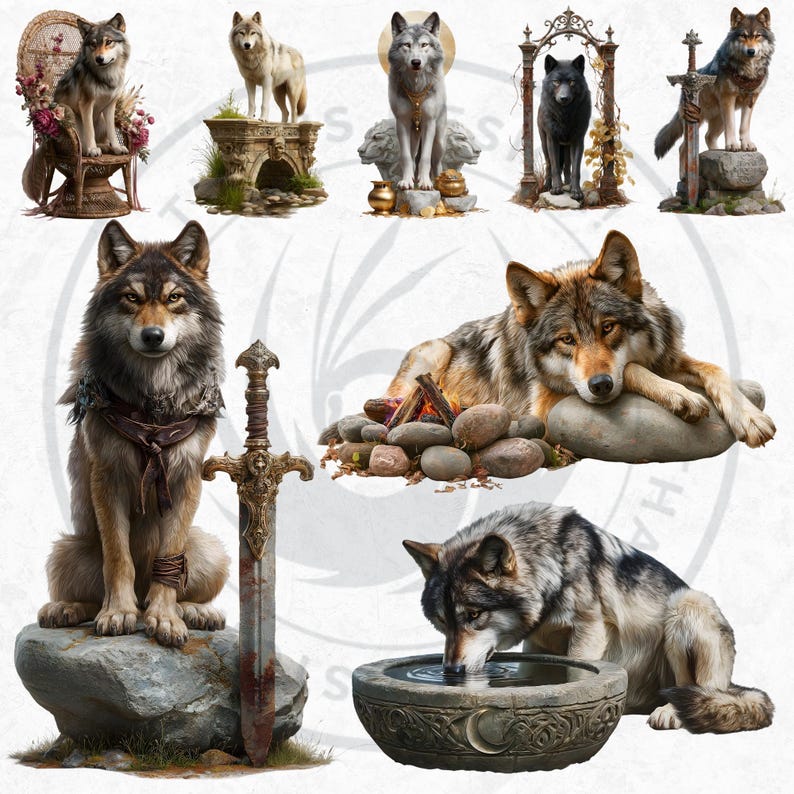 Watercolor Mystic Wolves Clipart PNG Bundle, Fantasy wolf for DIY Card, Junk Journal, Scrapbooking, Commercial use!