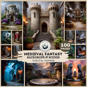 May include: Digital papers featuring medieval fantasy backdrops and scenes. The images showcase castles, stone structures, and fantasy settings. The collection includes 100 pages of digital art.