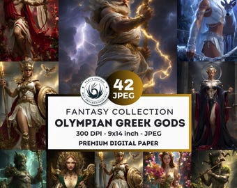 May include: A digital paper collection featuring illustrations of Olympian Greek Gods. The images showcase various deities in detailed fantasy art, with vibrant colors and dynamic poses. The collection includes 42 JPEG images, 9x14 inches at 300 DPI.