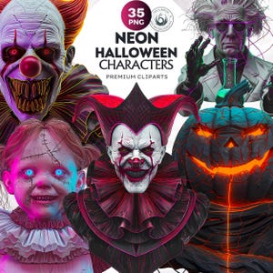 35 Neon Halloween Characters Clipart, Scary Halloween png, Creepy Halloween clipart, Glowing Halloween digital prints, Halloween Sublimation