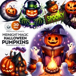 Midnight Magic Halloween Pumpkins PNG Set, Witchy Spooky Jack O Lantern, Kids Halloween Clipart, Transparent background, Commercial license