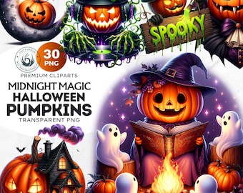 Witchy Halloween Pumpkins Clipart Set: Spooky Jack O'Lanterns (PNG, Commercial License)