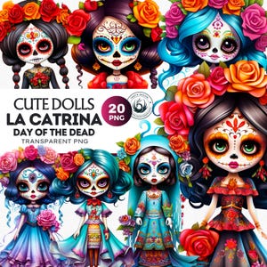 Lindas muñecas de La Catrina, Día de Muertos, PNG, Clipart, Calavera de Azúcar, paquete de Halloween mexicano. Uso comercial para POD.