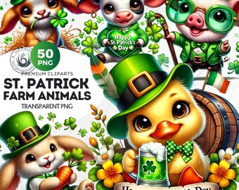 St Patrick's Day Farm Animal Clipart: Shamrock PNG Set (Digital Download)