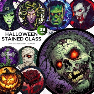 Puede incluir: Colección de diseños de vidrieras de Halloween con personajes icónicos como una bruja, Medusa, el monstruo de Frankenstein, un vampiro y un zombi. Los diseños circulares presentan colores vibrantes y detalles intrincados, ideales para decoración.