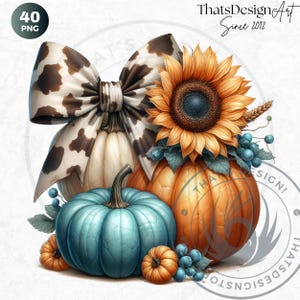 Fall Western Coquette Pumpkins PNG set, Cowgirl Fall Decor Clipart, Boho Autumn pumpkin with sunflower, Autumn harvest, Commercial use