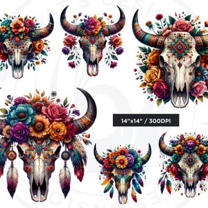 Floral Bull skull PNG clipart, Boho western PNG, Western Sublimation, floral cow skull with feathers crafts and sublimation. Commercial use