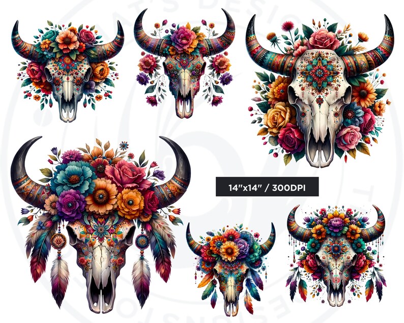 Floral Bull skull PNG clipart, Boho western PNG, Western Sublimation, floral cow skull with feathers crafts and sublimation. Commercial use