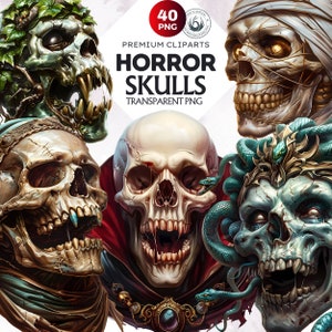 40 Halloween Horror Schädel Clipart-Set, Gothic Schädel Clip Art, Gothic Clipart, Fantasy Clip Art, Kopf Schädel Clipart, Schädel PNG für Sublimation.