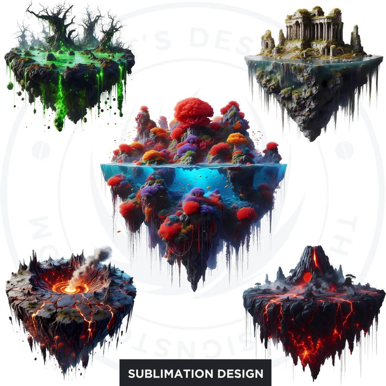 Floating Islands Ecosystem Cliparts - 30 Magical PNG Set for Sublimation and Crafts, RPG & POD. Fantasy Islands png, Nature Fantasy art