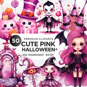 Watercolor Pink Halloween Clipart PNG | Cute Halloween PNG bundle | Spooky season png | Kids Halloween png | cute ghost, cute witch, bat