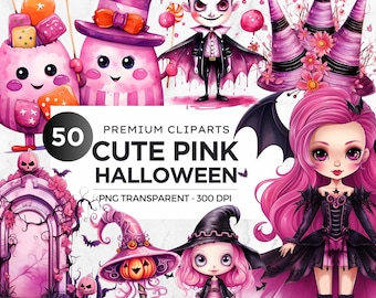 Clipart de Halloween en acuarela rosa / Paquete de 50 PNG espeluznantes (descarga digital)