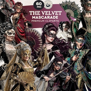 Puede incluir: Colección de imágenes prediseñadas digitales titulada "The Velvet Mascarade" con múltiples ilustraciones de personas con elaborados disfraces de máscaras. Las imágenes muestran máscaras detalladas, abanicos y ropa ornamentada en colores como negro, dorado, rojo y verde.