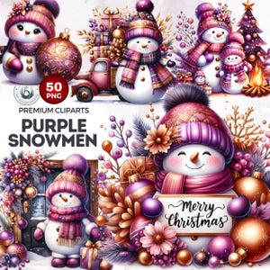 50 Snowman Clipart bundle, Purple Gold Festive Christmas snowman png illustration, Winter Clipart for Christmas cards & sublimation design