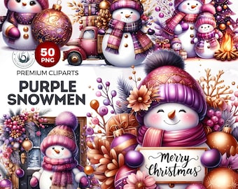 Purple and Gold Snowman Clipart Bundle: Festive Winter & Christmas PNG (Digital Download)
